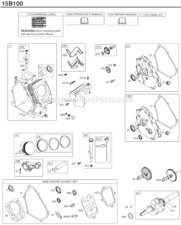 Page A Diagram and Parts List for 15B100SERIES 0018-0645 Briggs and Stratton Engine